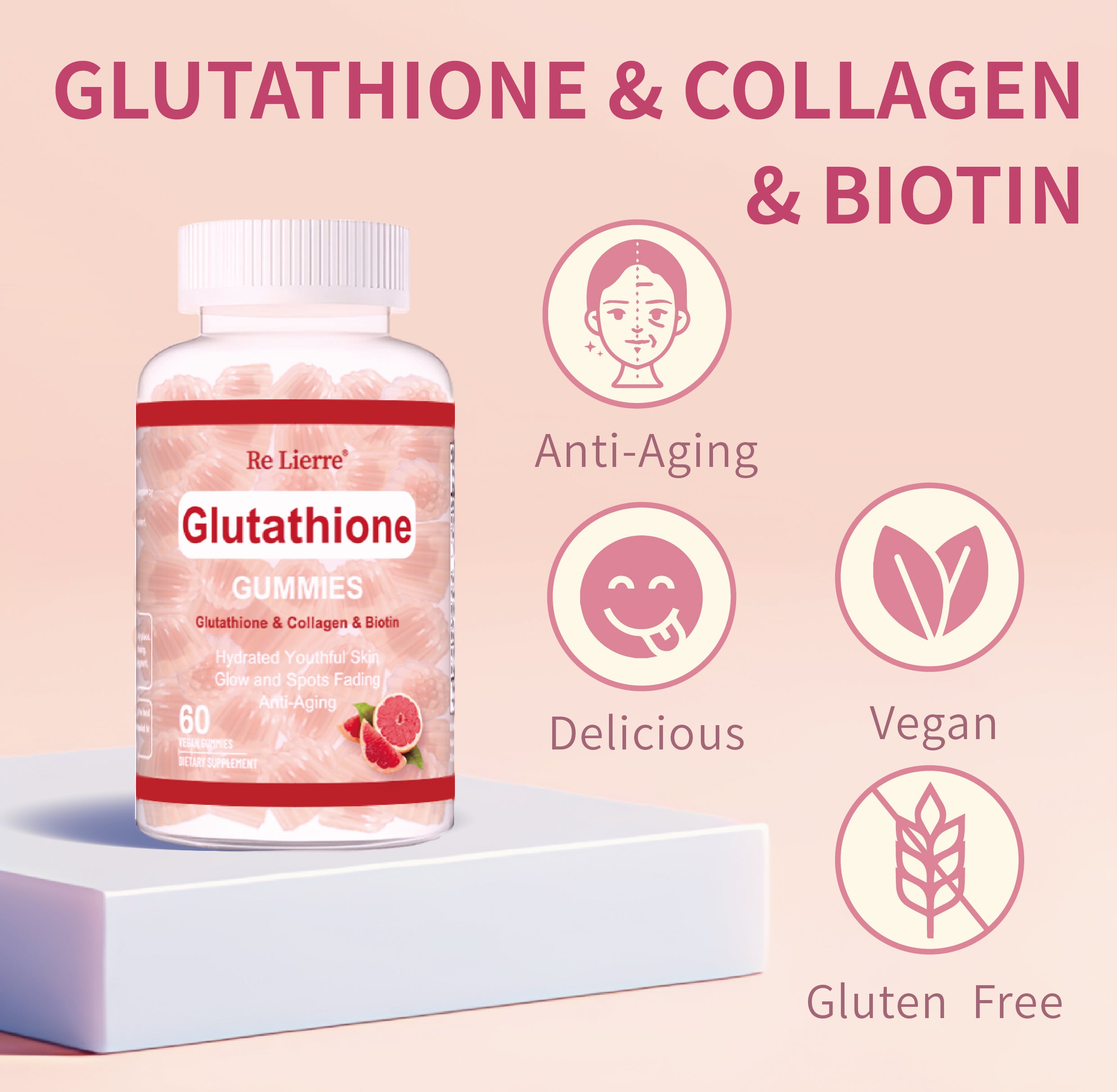 Discover the benefits of our delicious Grapefruit-Flavored Glutathione Collagen Gummies! These tasty gummies combine the power of glutathione and collagen to support your skin's health and promote a youthful glow.