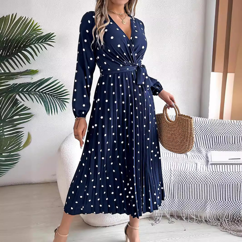 Spring Summer Elegant Long Dress Cross V-Neck Contrast Polka Dot Long Sleeve Pleated Bridesmaid Dresses