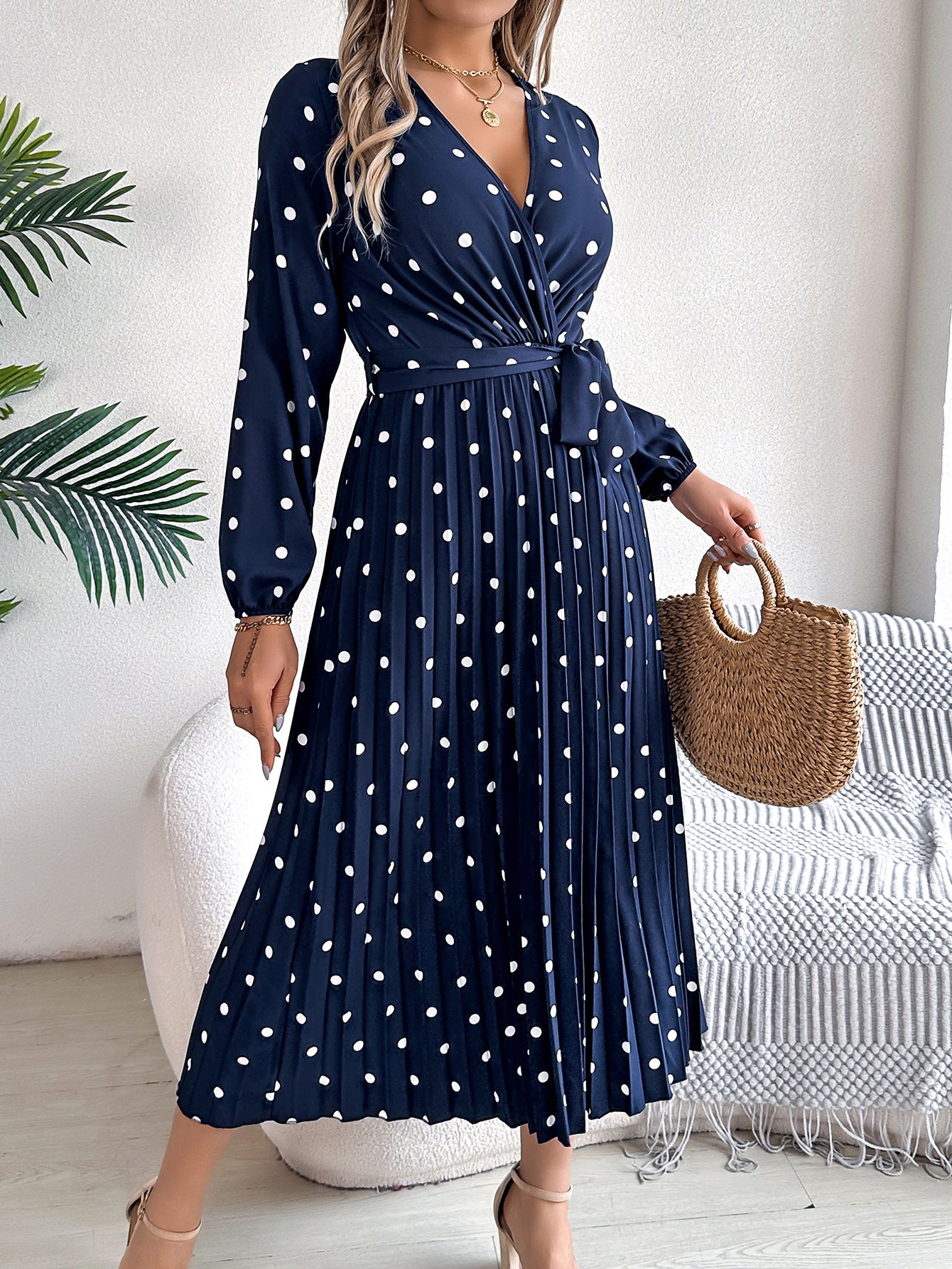 Spring Summer Elegant Long Dress Cross V-Neck Contrast Polka Dot Long Sleeve Pleated Bridesmaid Dresses
