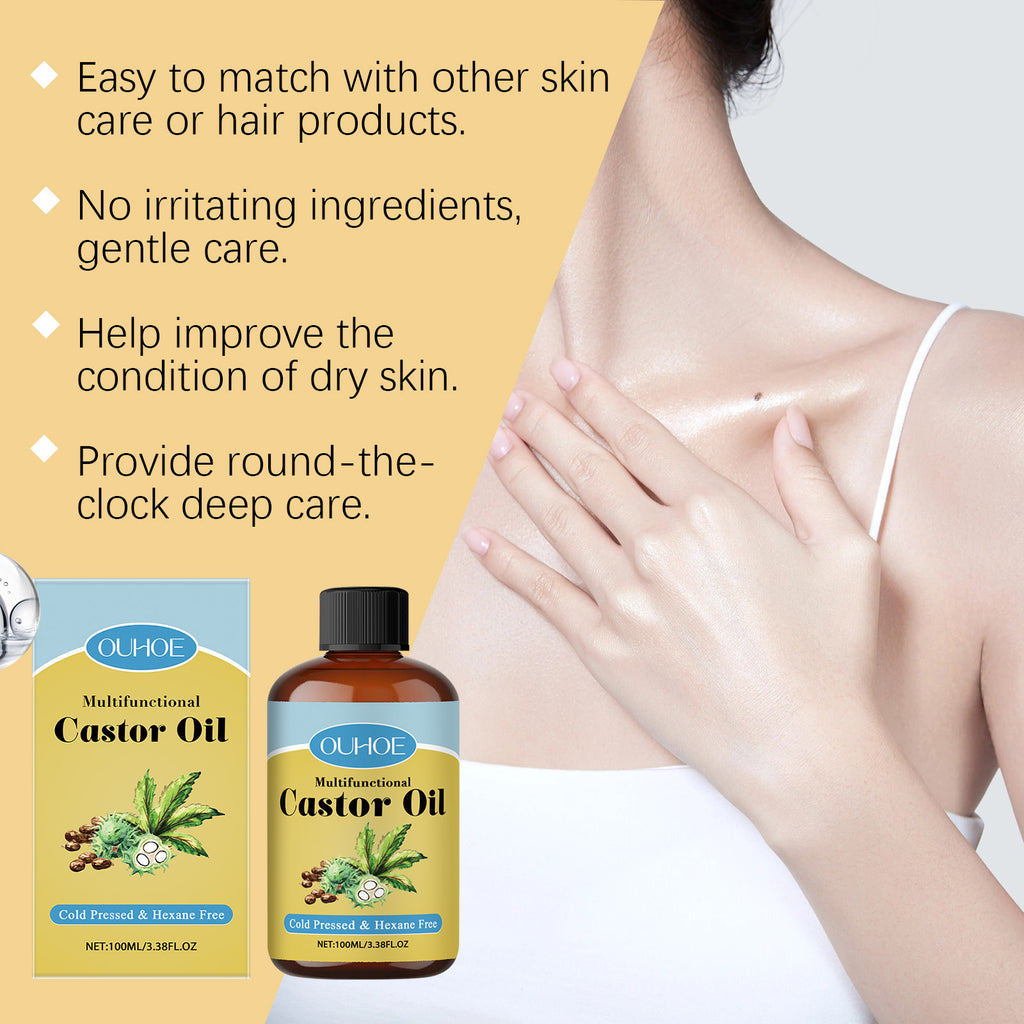 OUHOE Organic Castor Oil: Moisturizes and Hydrates Hair, Eyebrows, Skin, and Body with Multi-Effect Care for Gentle Massage.