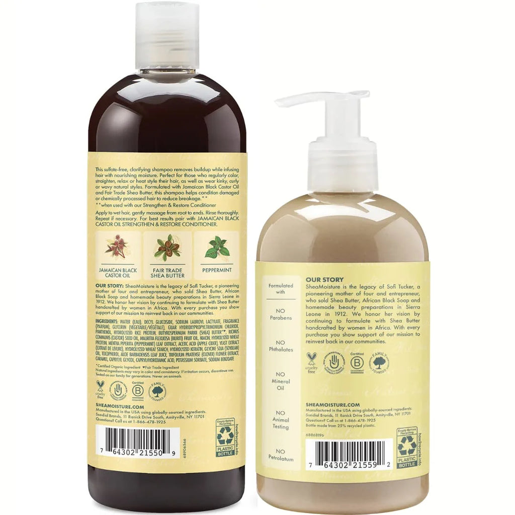 Shea Moisture Jamaican Black Castor Oil Clarifying Shampoo & Conditioner - Strengthen & Restore Sulfate-Free Shampoo & Conditioner Set with Shea Butter, ACV, and Peppermint Oil for Hair (2 Piece Set)