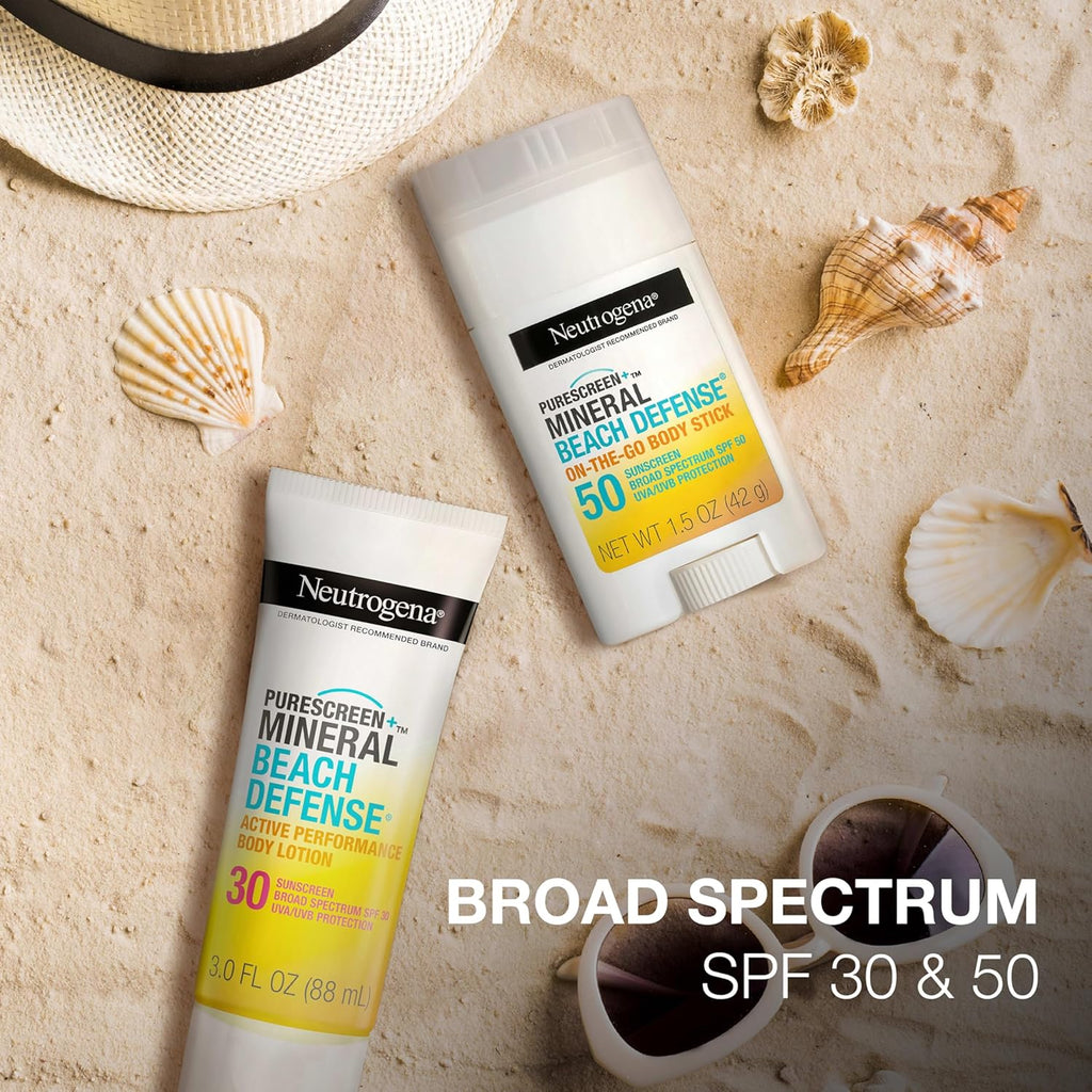 Neutrogena Purescreen+ Mineral Beach Defense On-The-Go Body Sunscreen Stick with Broad Spectrum SPF 50, Water Resistant UVA/UVB Protection, Absorbs Quickly & Dries Clear, 1.5 Oz