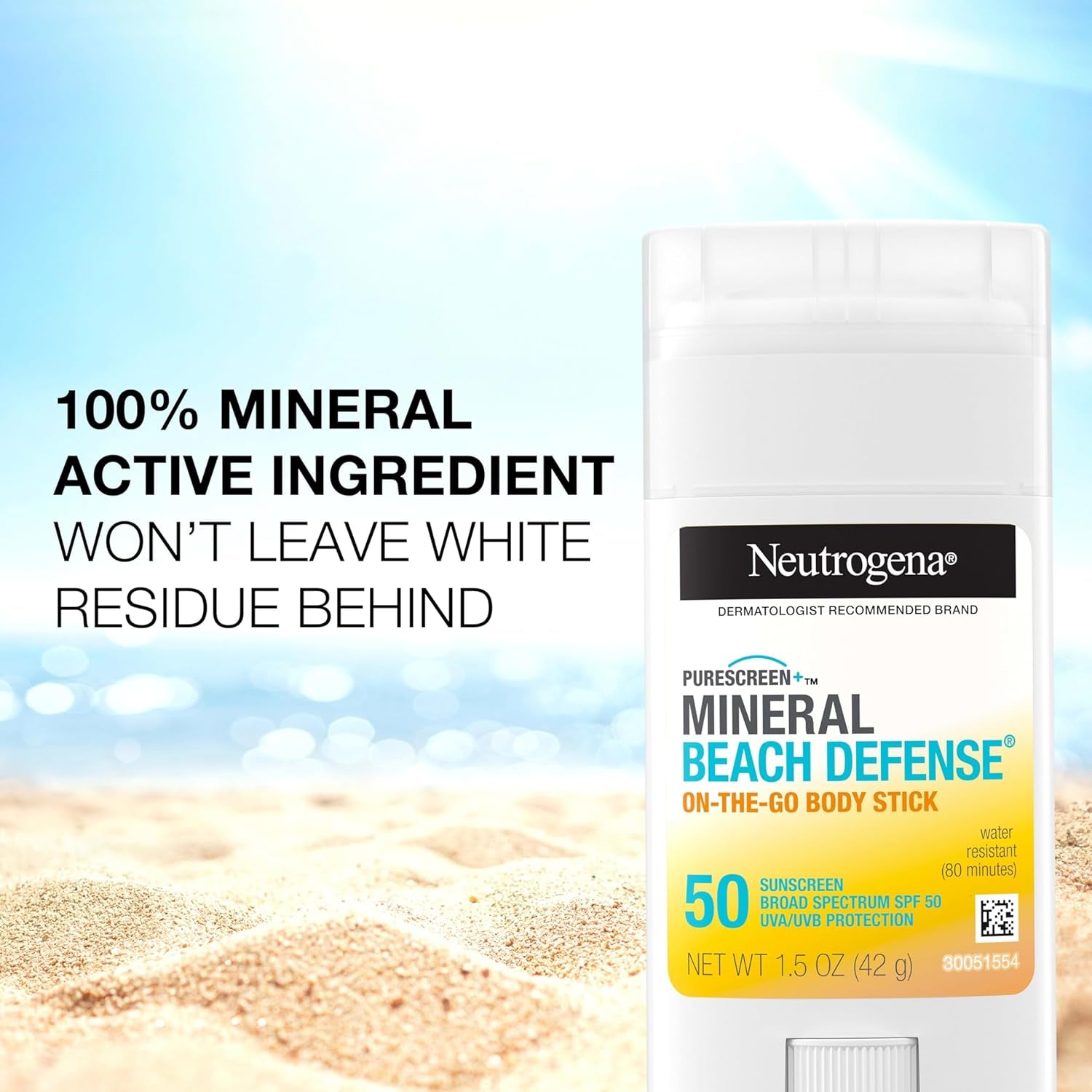 Neutrogena Purescreen+ Mineral Beach Defense On-The-Go Body Sunscreen Stick with Broad Spectrum SPF 50, Water Resistant UVA/UVB Protection, Absorbs Quickly & Dries Clear, 1.5 Oz