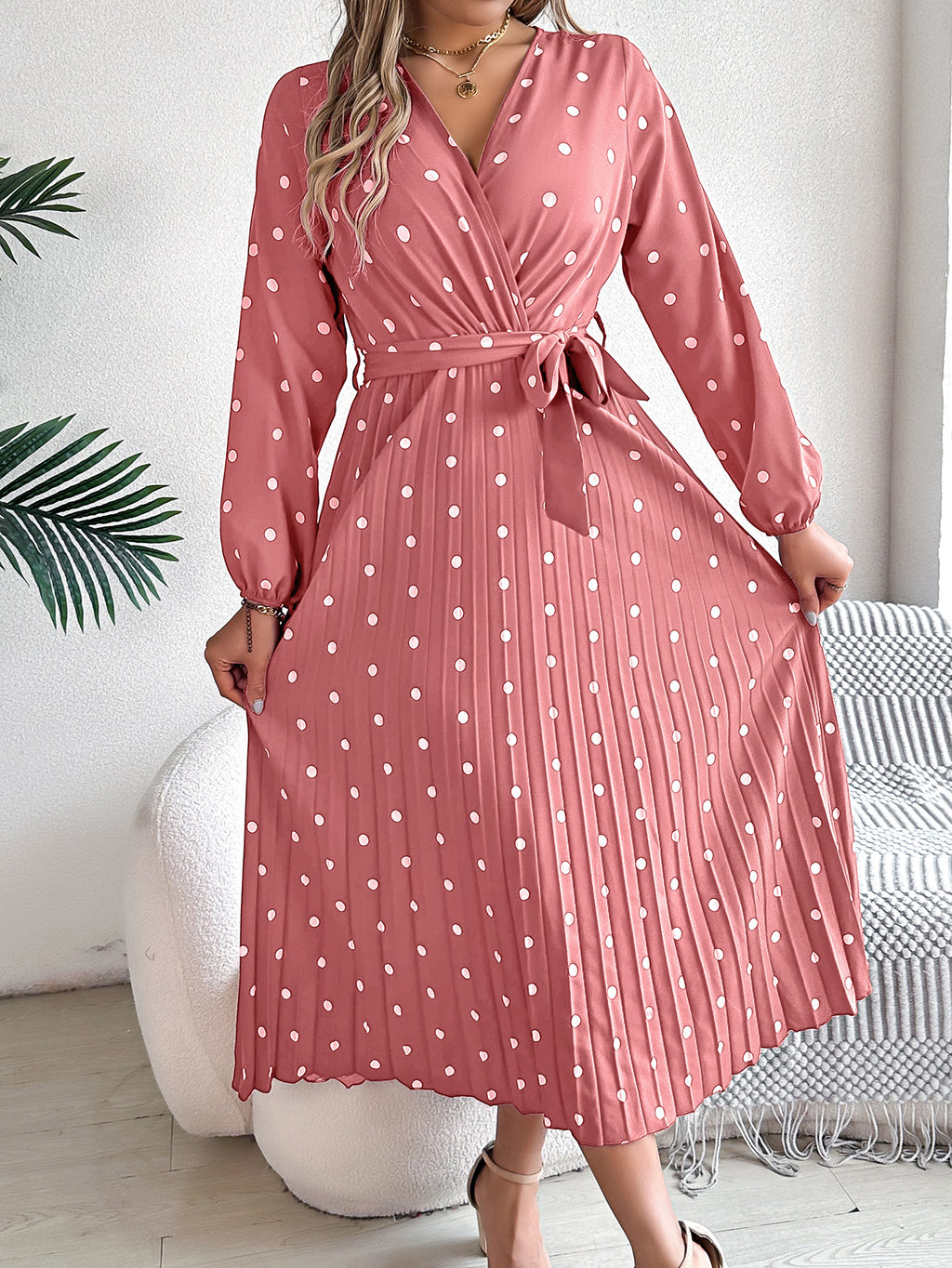 Spring Summer Elegant Long Dress Cross V-Neck Contrast Polka Dot Long Sleeve Pleated Bridesmaid Dresses