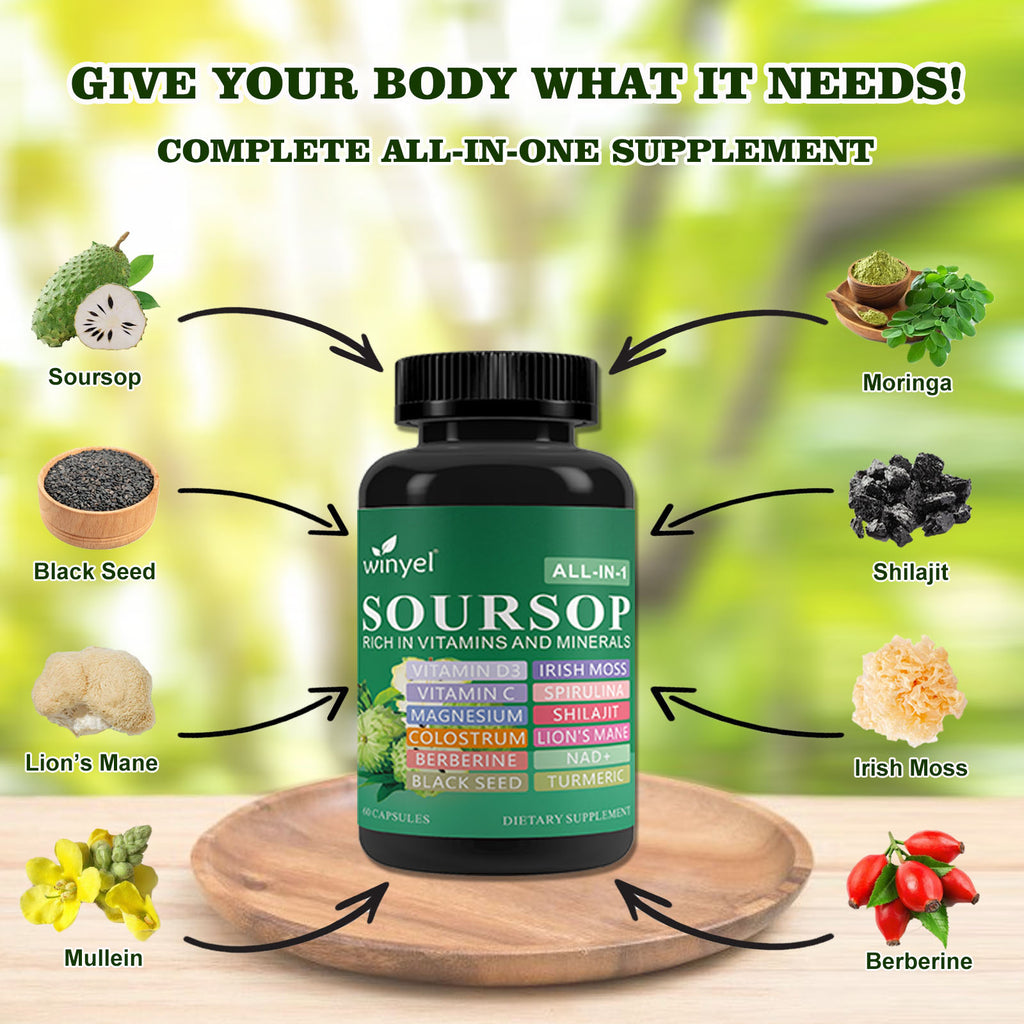 Soursop Supplement Containing 20 Herbal Extracts Including Seaweed, Lion's Mane Mushroom, Turmeric, Black Seed Oil, Oregano, And Mullein, Promoting Overall Health. Vegan, 60 Capsules.