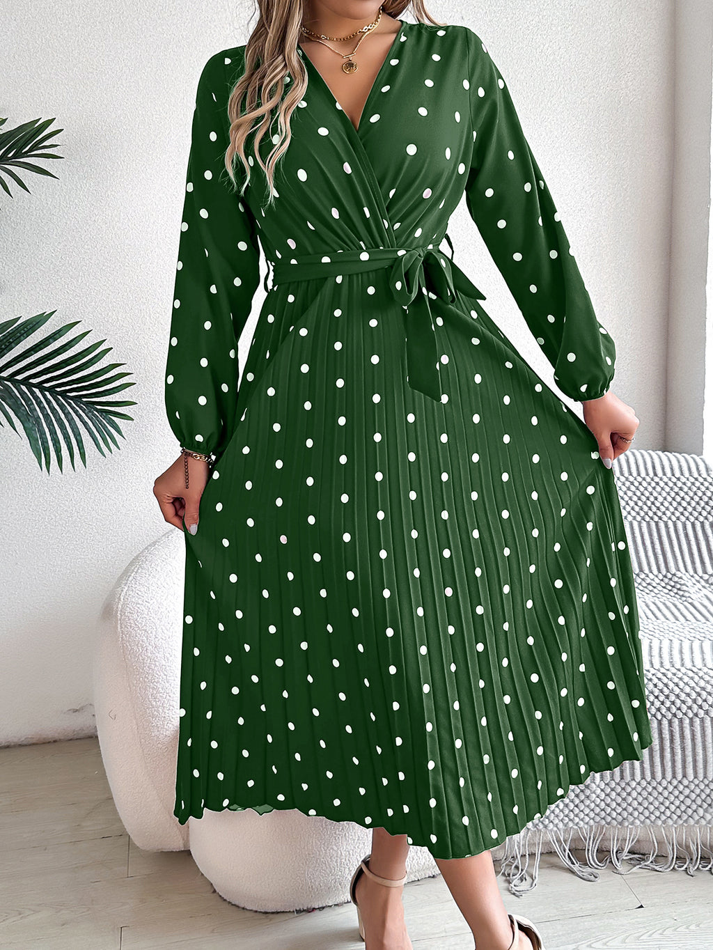 Spring Summer Elegant Long Dress Cross V-Neck Contrast Polka Dot Long Sleeve Pleated Bridesmaid Dresses
