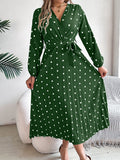 Spring Summer Elegant Long Dress Cross V-Neck Contrast Polka Dot Long Sleeve Pleated Bridesmaid Dresses