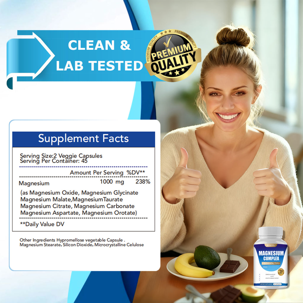 MAGNESIUM COMPLEX Wellness Capsules With Malate & Glycinate And 8 ELEMENTAL MAGNESIUM, Supports Health 90 Capsules, Dietary Supplement.