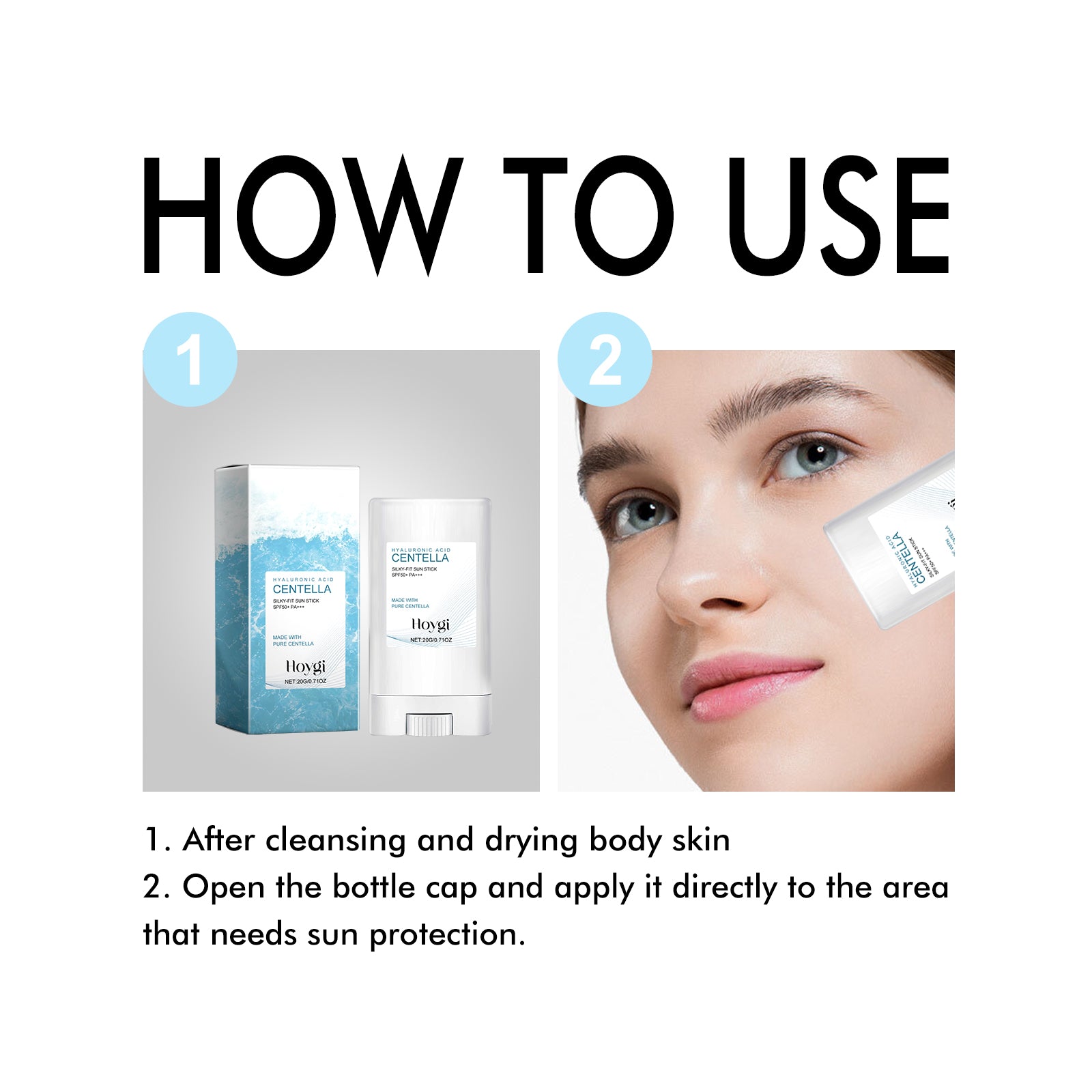 Hoygi Hyaluronic Acid Sunscreen Stick provides gentle moisturizing and UV protection, specifically designed for sunburned and reddened skin.