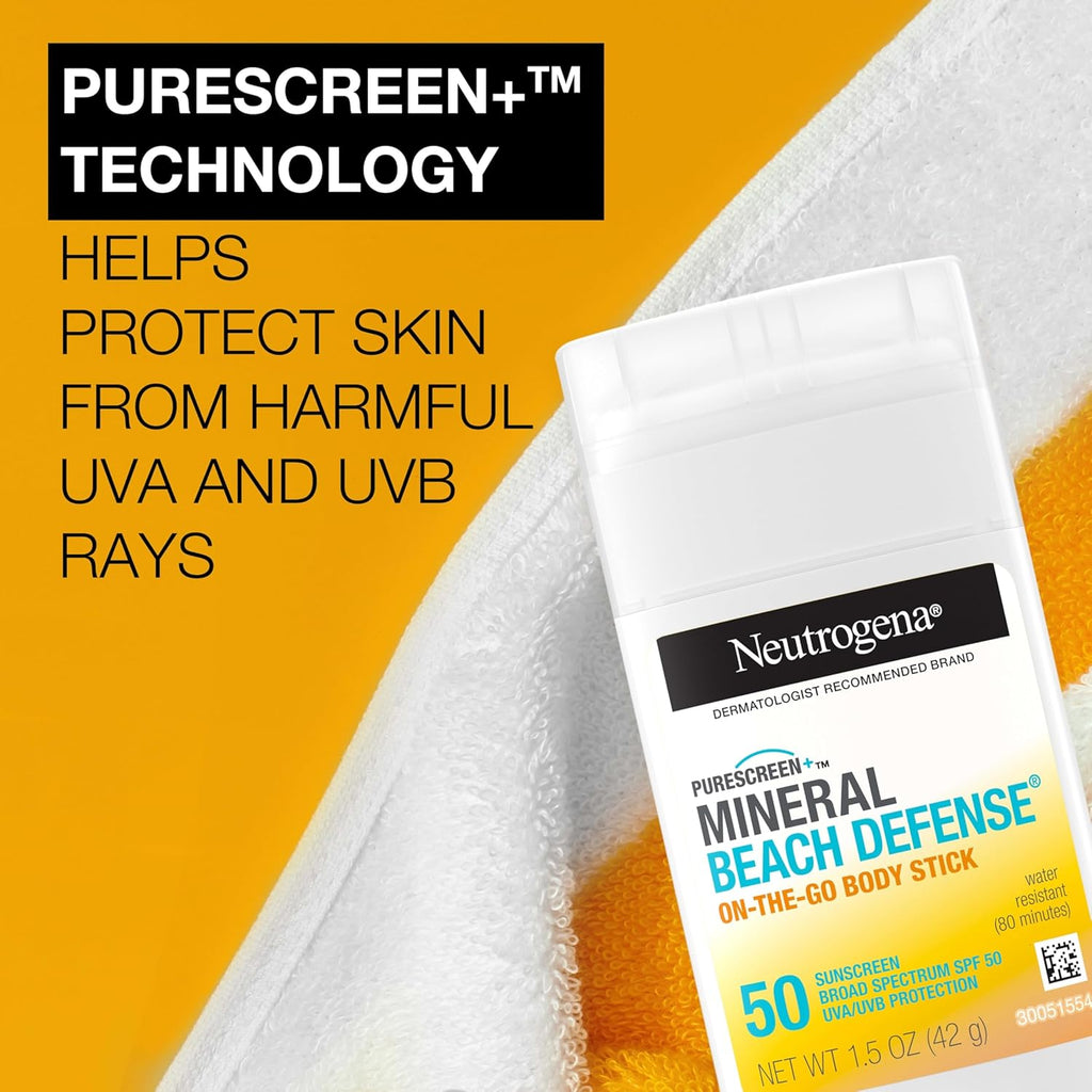Neutrogena Purescreen+ Mineral Beach Defense On-The-Go Body Sunscreen Stick with Broad Spectrum SPF 50, Water Resistant UVA/UVB Protection, Absorbs Quickly & Dries Clear, 1.5 Oz