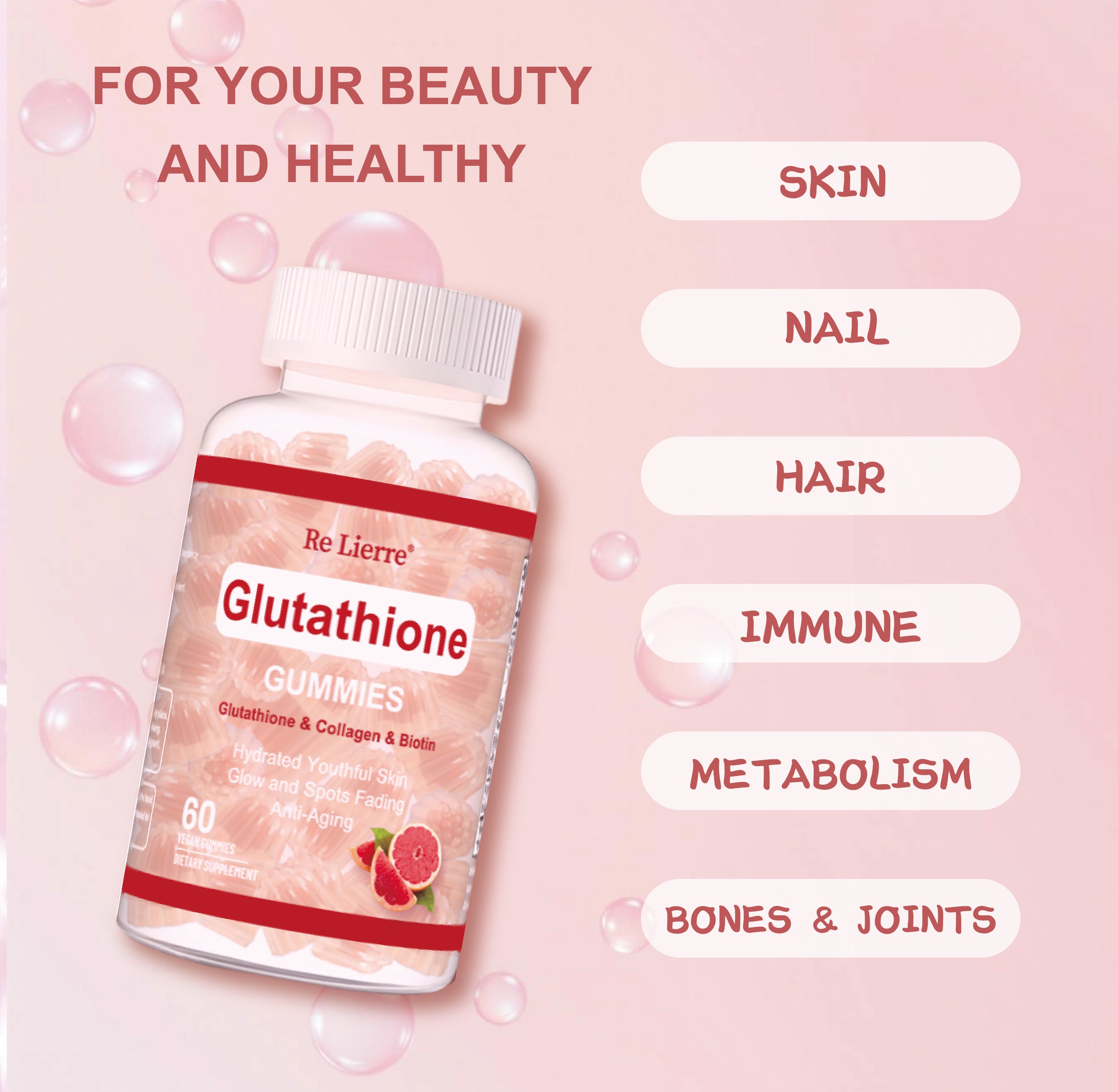 Discover the benefits of our delicious Grapefruit-Flavored Glutathione Collagen Gummies! These tasty gummies combine the power of glutathione and collagen to support your skin's health and promote a youthful glow.